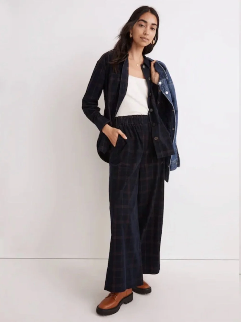 Madewell Corduroy Pull-On Wide-Leg Crop Pants in Windowpane Blue Multi Med #2178 - Picture 1 of 8